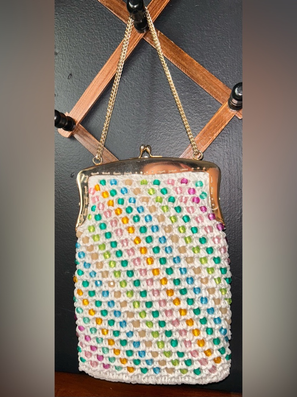 White Crochet Kisslock Mini Bag with Multicolor Bead Accents and Gold Chain - Picture 3 of 15